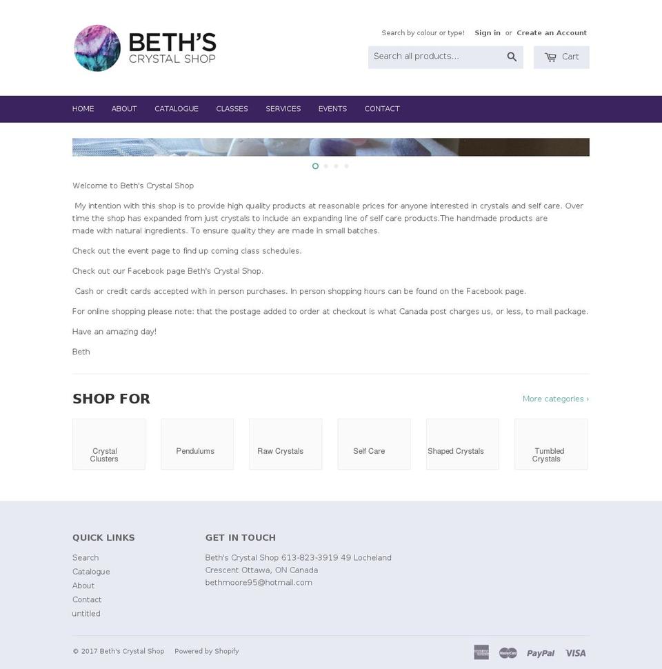 bethscrystalshop.com shopify website screenshot
