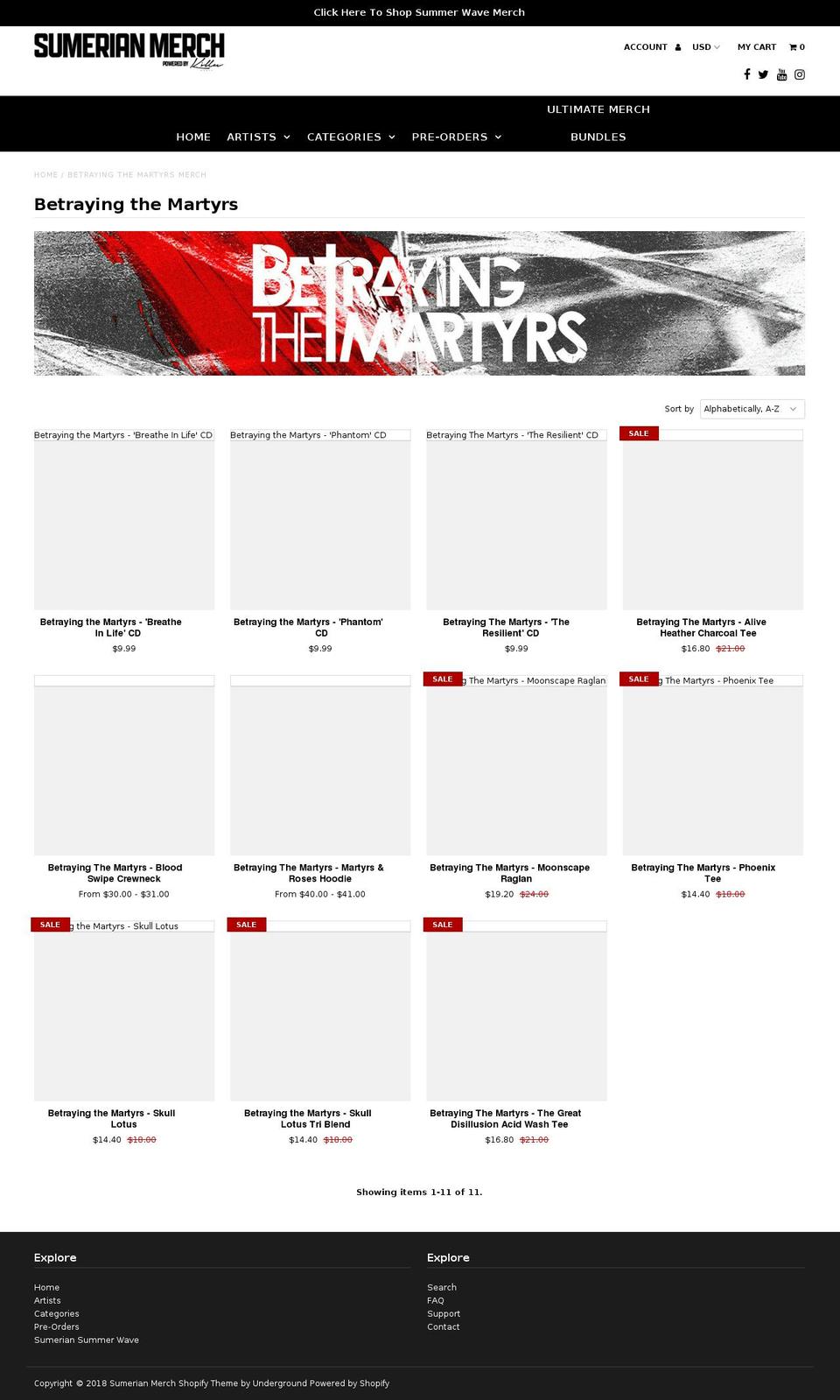 betrayingthemartyrsmerch.com — Shopify storefront screenshot
