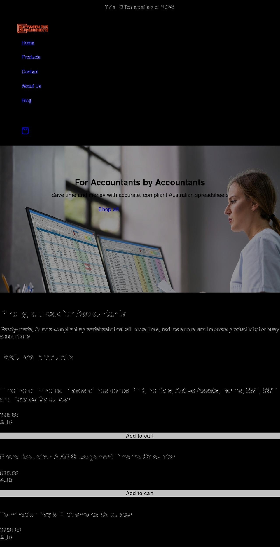 betweenthespreadsheets.com.au shopify website screenshot