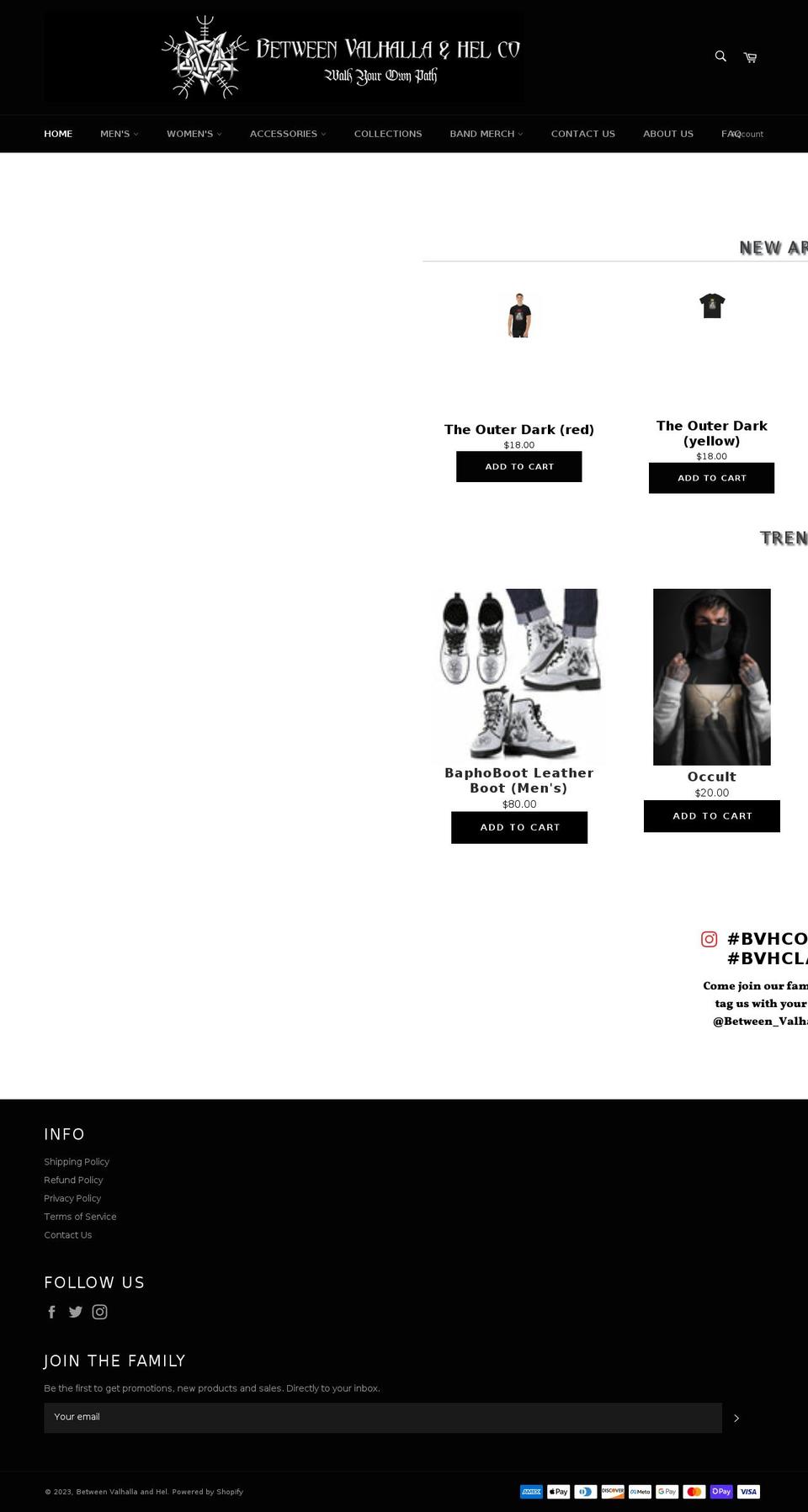 betweenvalhallaandhel.com shopify website screenshot