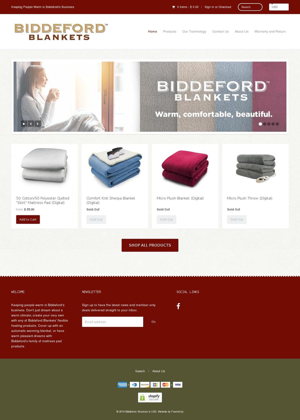 biddefordblankets.com shopify website screenshot