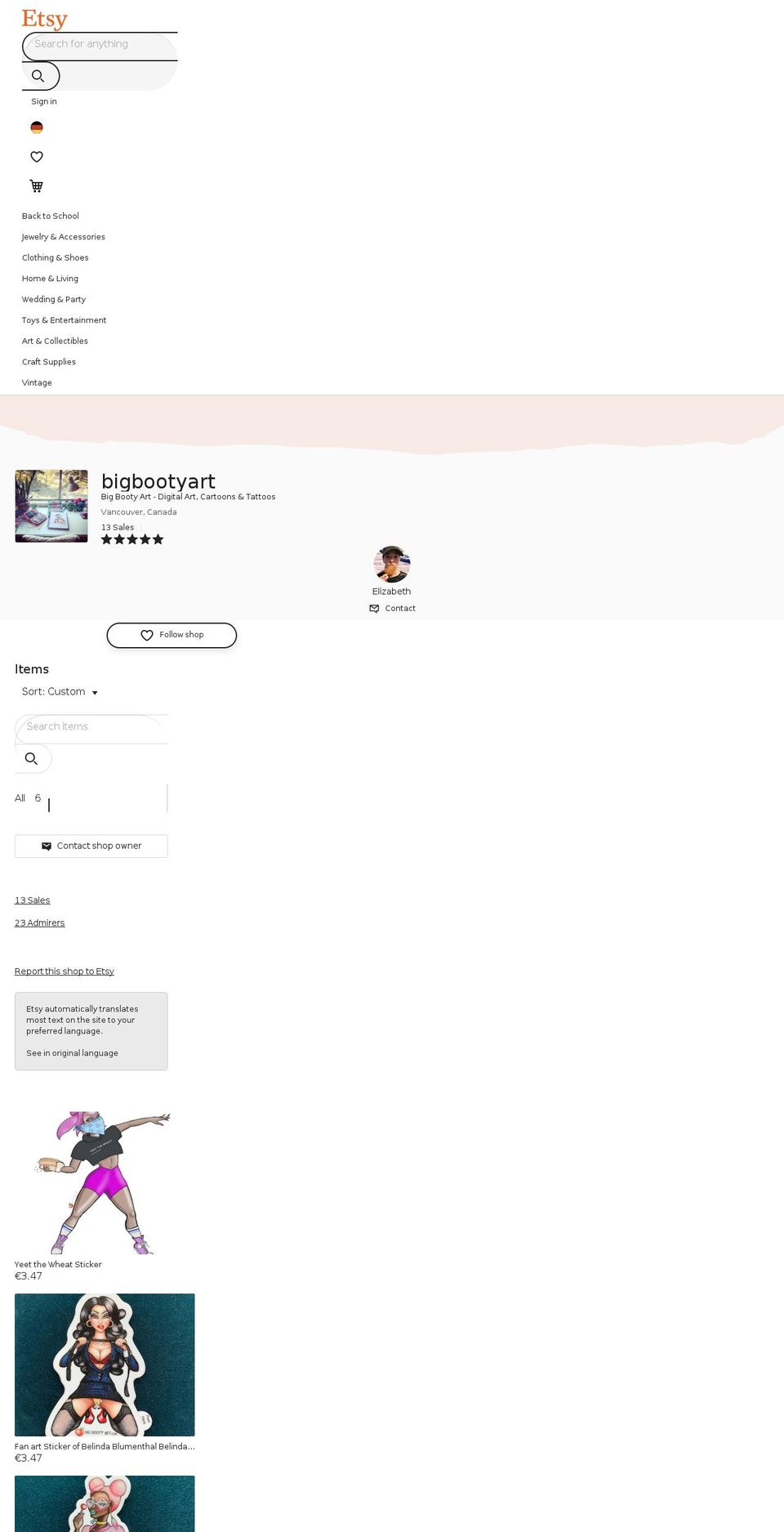 bigbootyart.com — Shopify storefront screenshot