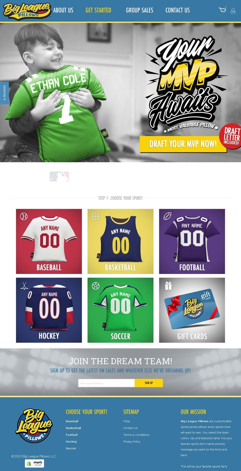 bigleaguepillows.com shopify website screenshot