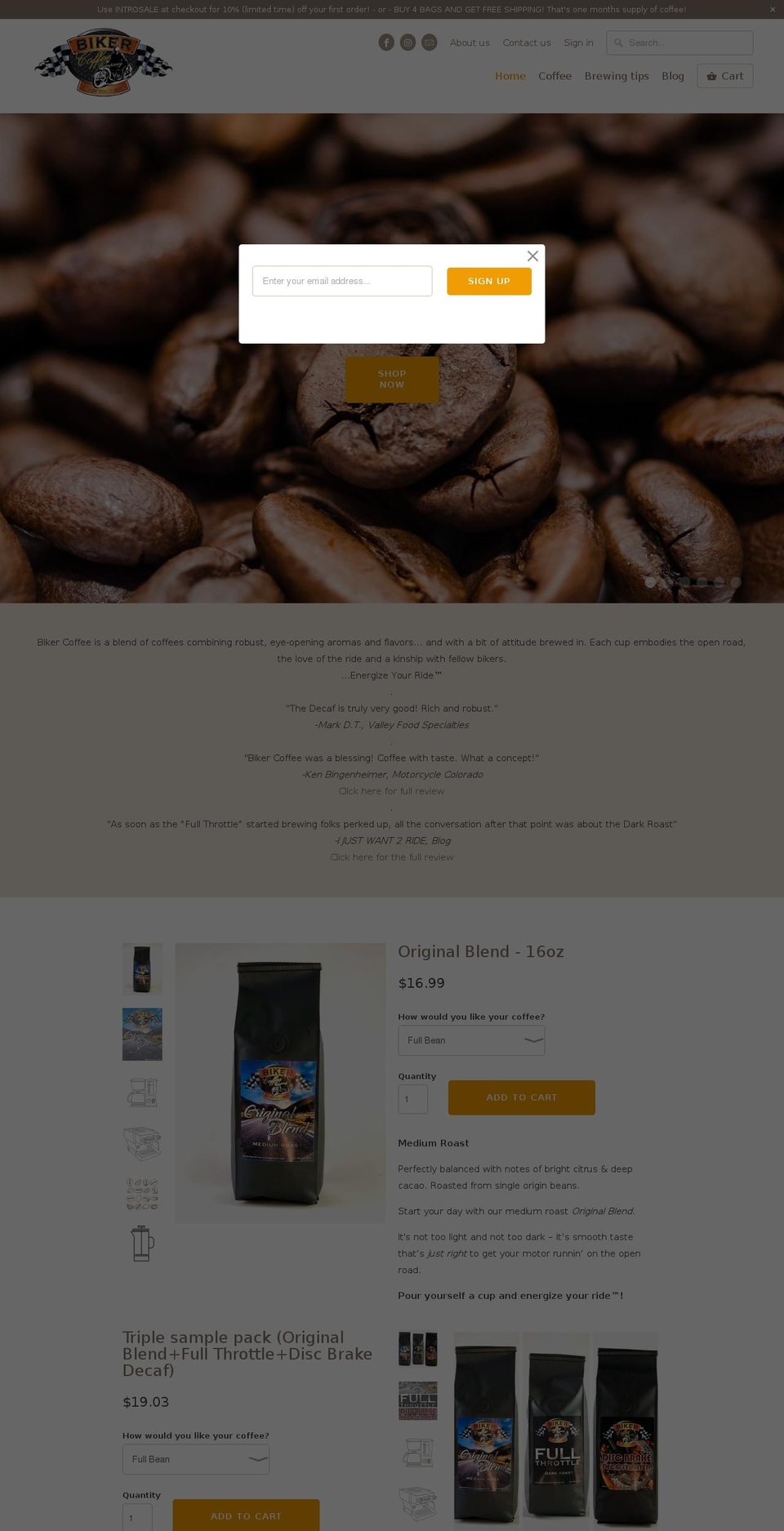 bikercoffeecompany.com — Shopify storefront screenshot