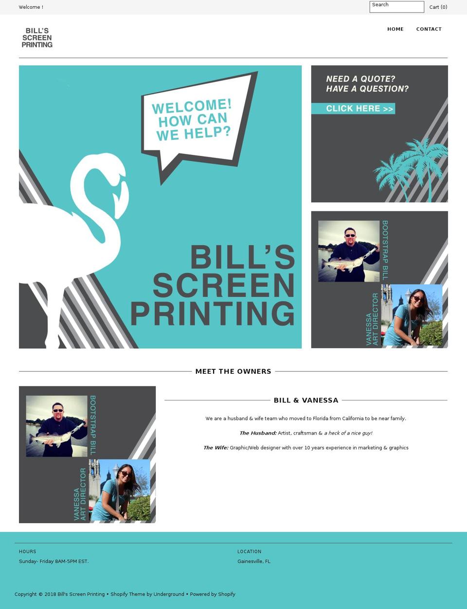 billsscreenprinting.com shopify website screenshot