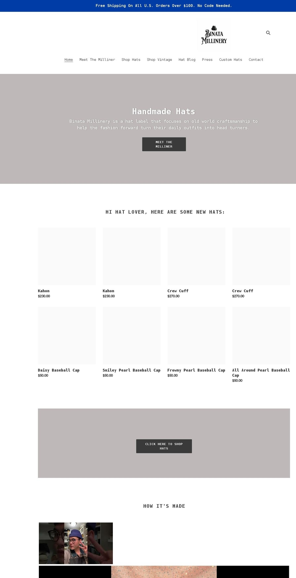 binatamillinery.com shopify website screenshot