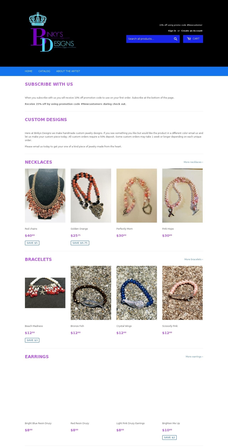 binkysdesigns.com — Shopify storefront screenshot