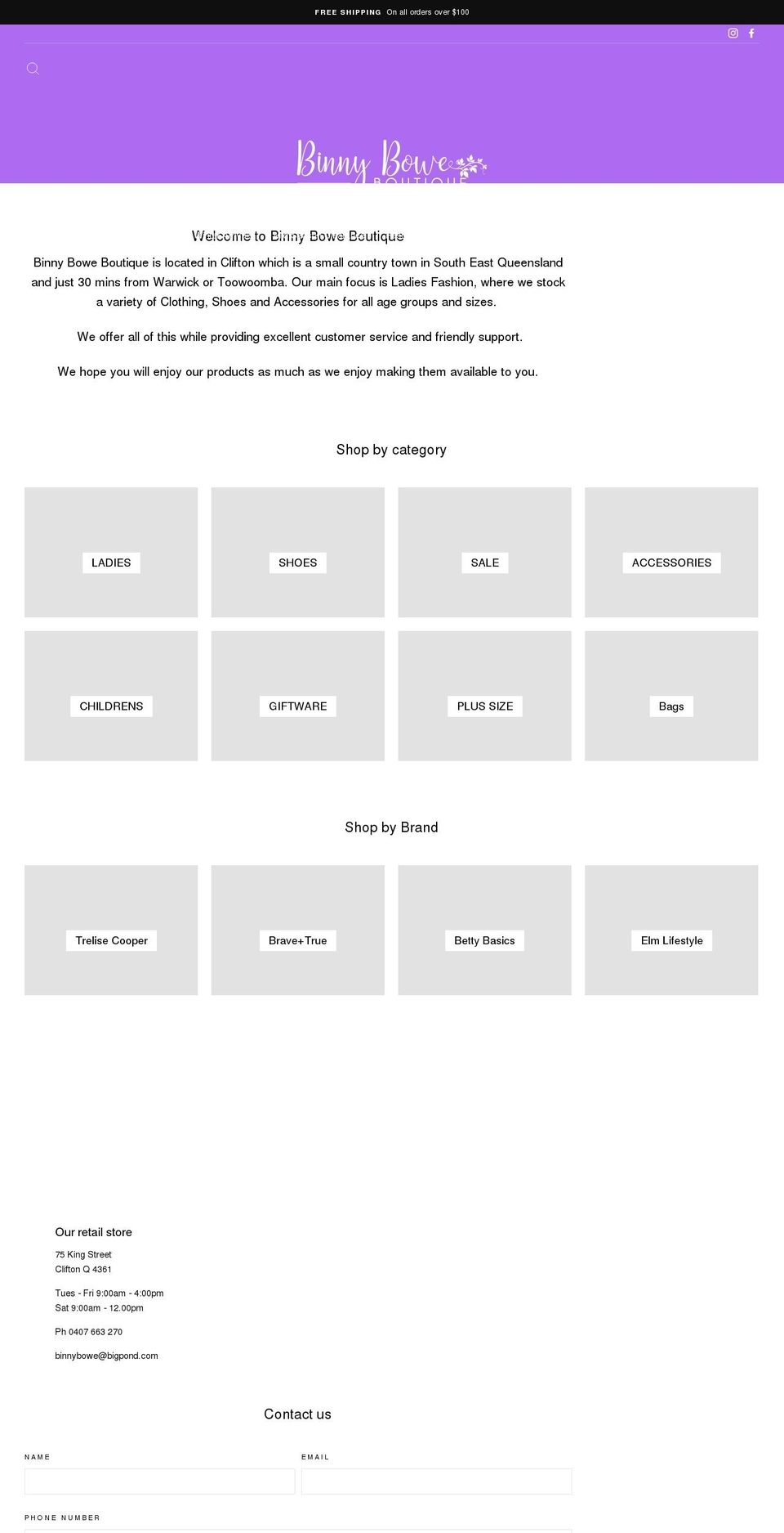 binnyboweboutique.com.au shopify website screenshot