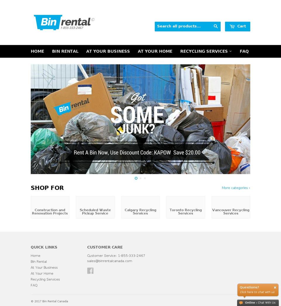 binrentalcanada.com shopify website screenshot