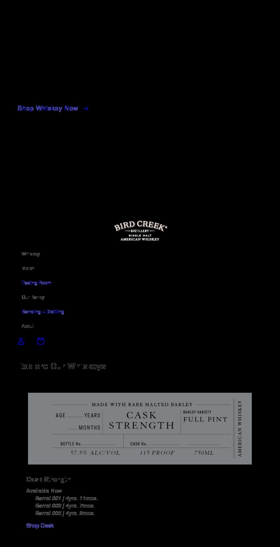 birdcreekwhiskey.com shopify website screenshot