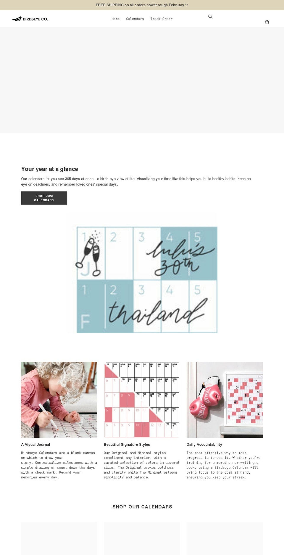 birdseyecalendar.com shopify website screenshot