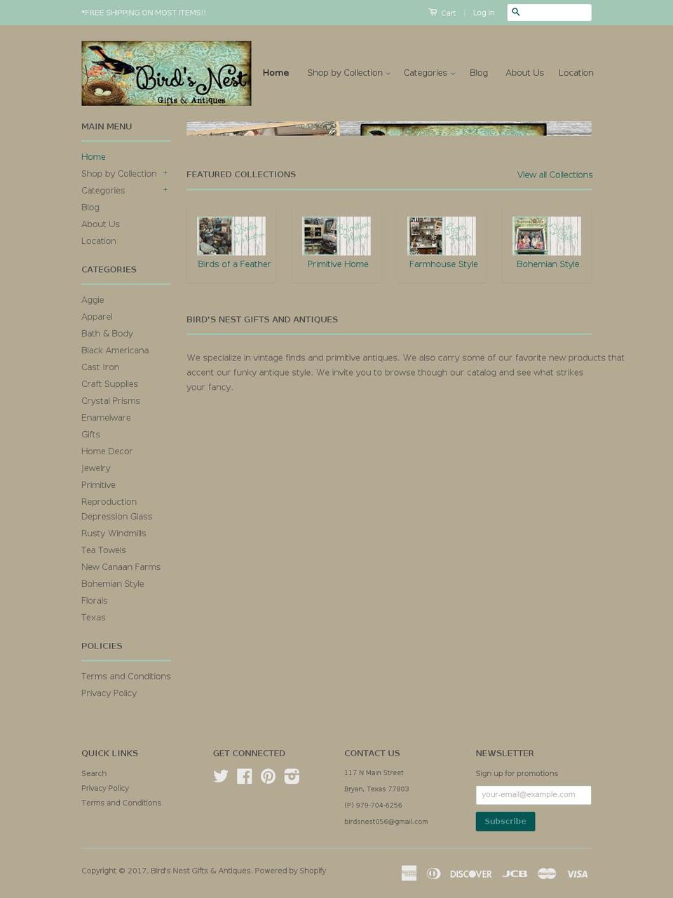 birdsnestgiftsandantiques.com shopify website screenshot