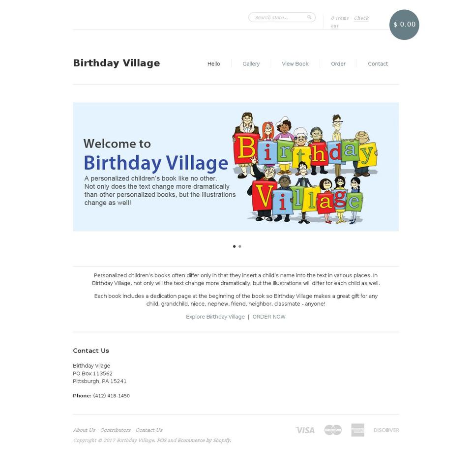 birthdayvillagebook.com shopify website screenshot