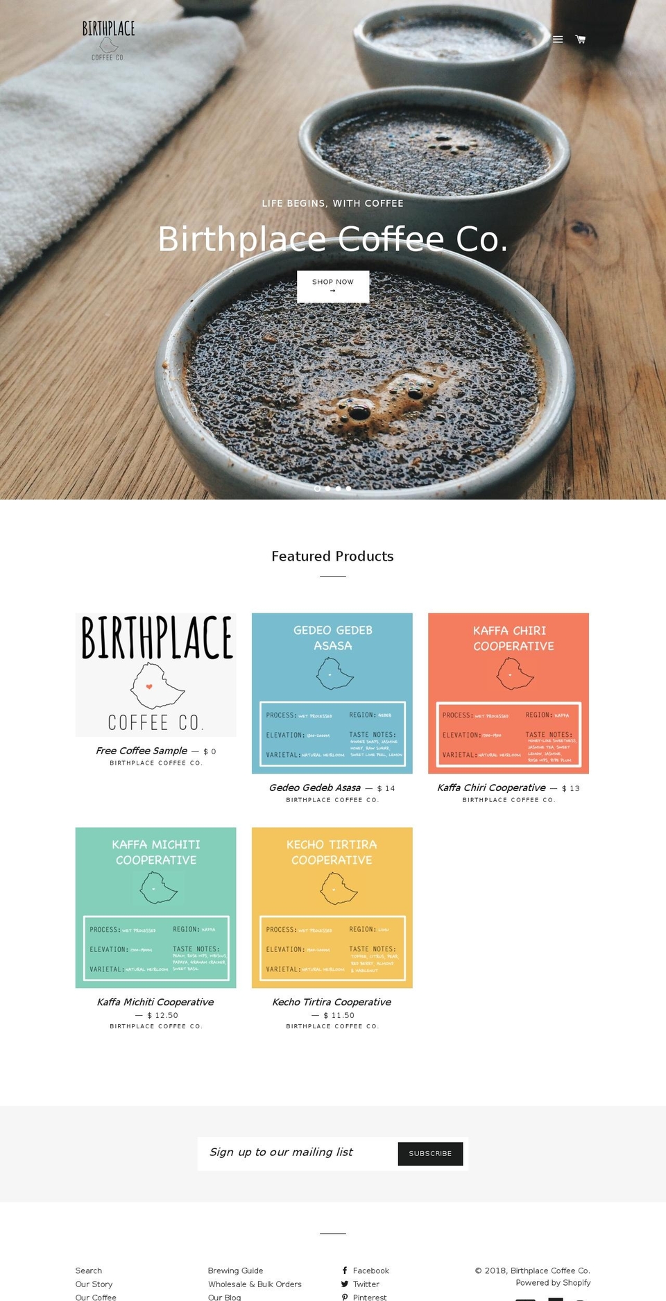 birthplacecoffee.com — Shopify storefront screenshot