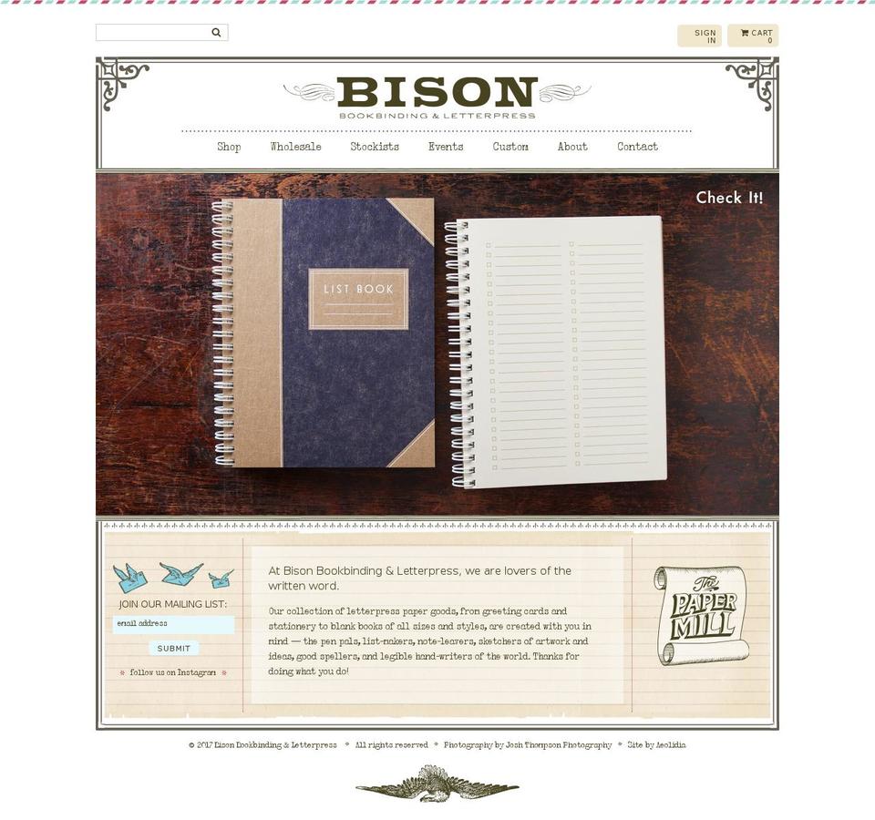 bisonbookbinding.com shopify website screenshot