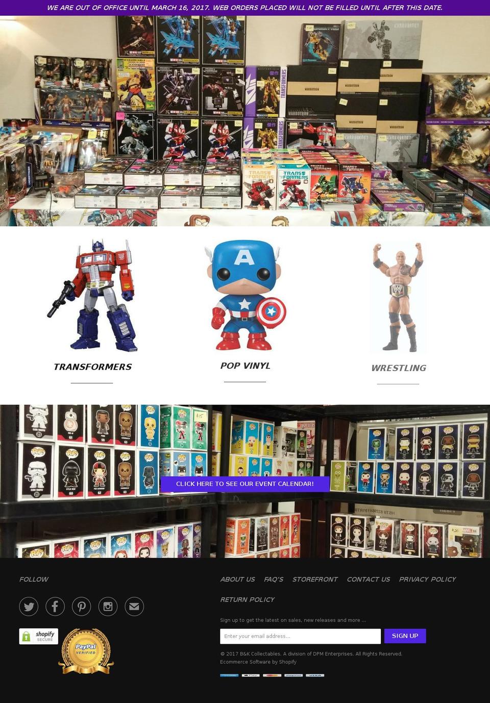 bkcollectables.com shopify website screenshot