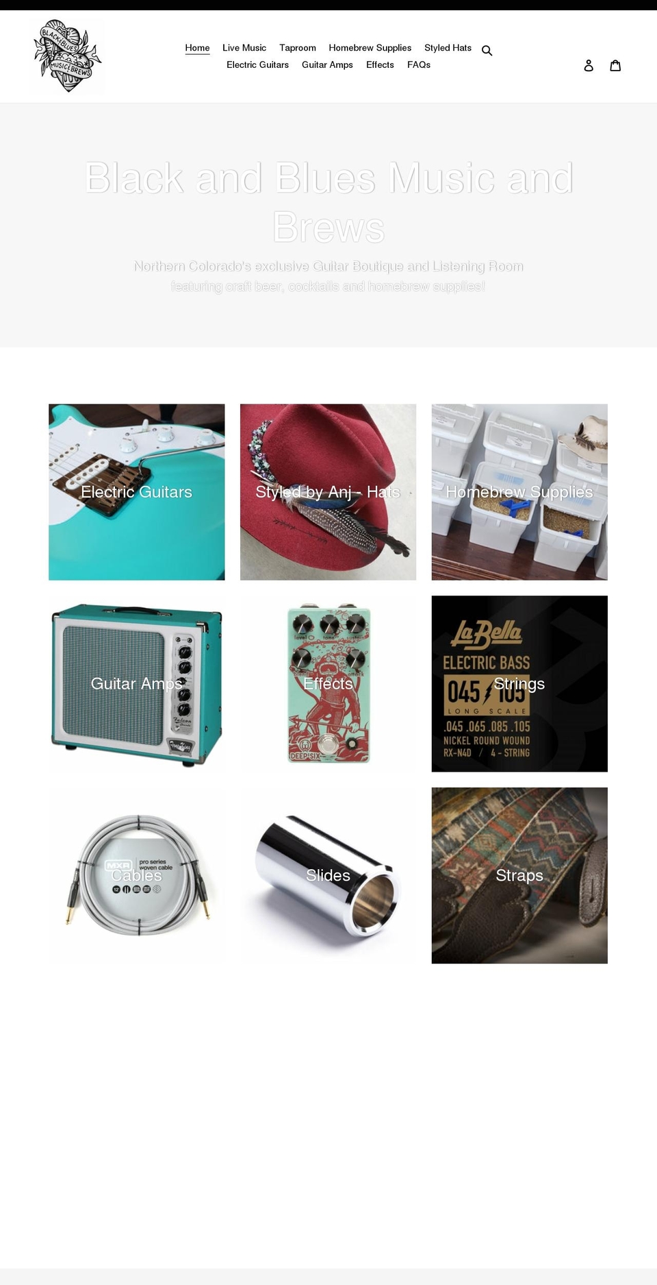 blackandbluesmusicandbrews.com shopify website screenshot