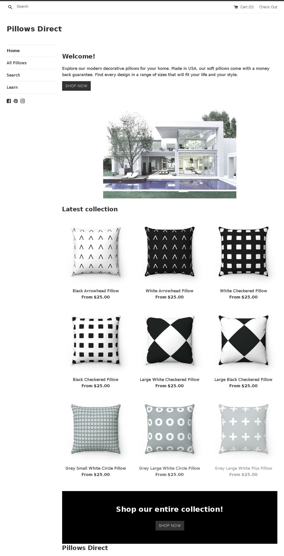 blackandwhitepillows.com — Shopify storefront screenshot