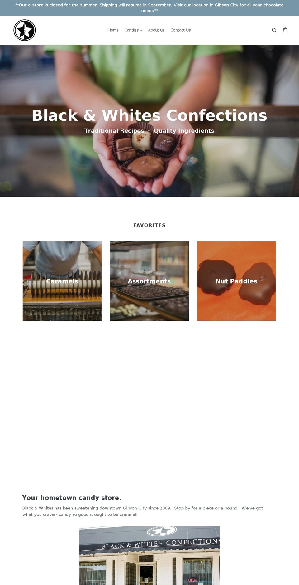 blackandwhitesconfections.com — Shopify storefront screenshot