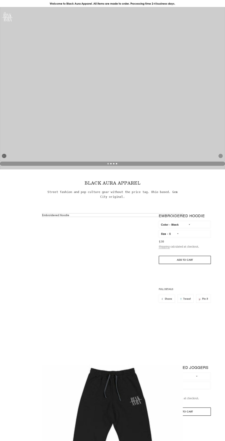 blackauraapparel.com shopify website screenshot