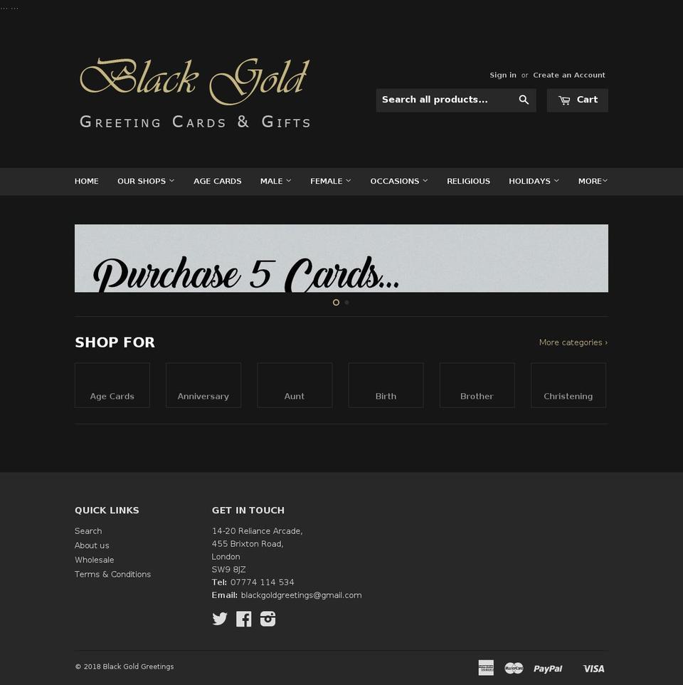 blackgoldgreetings.com shopify website screenshot