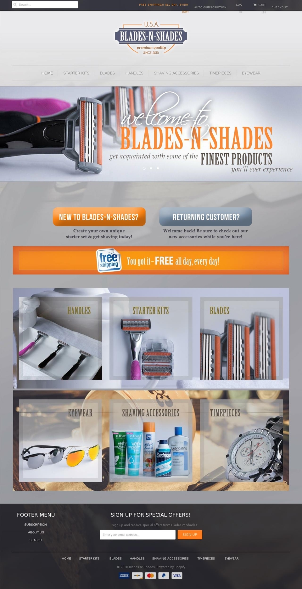 bladesnshades.com — Shopify storefront screenshot