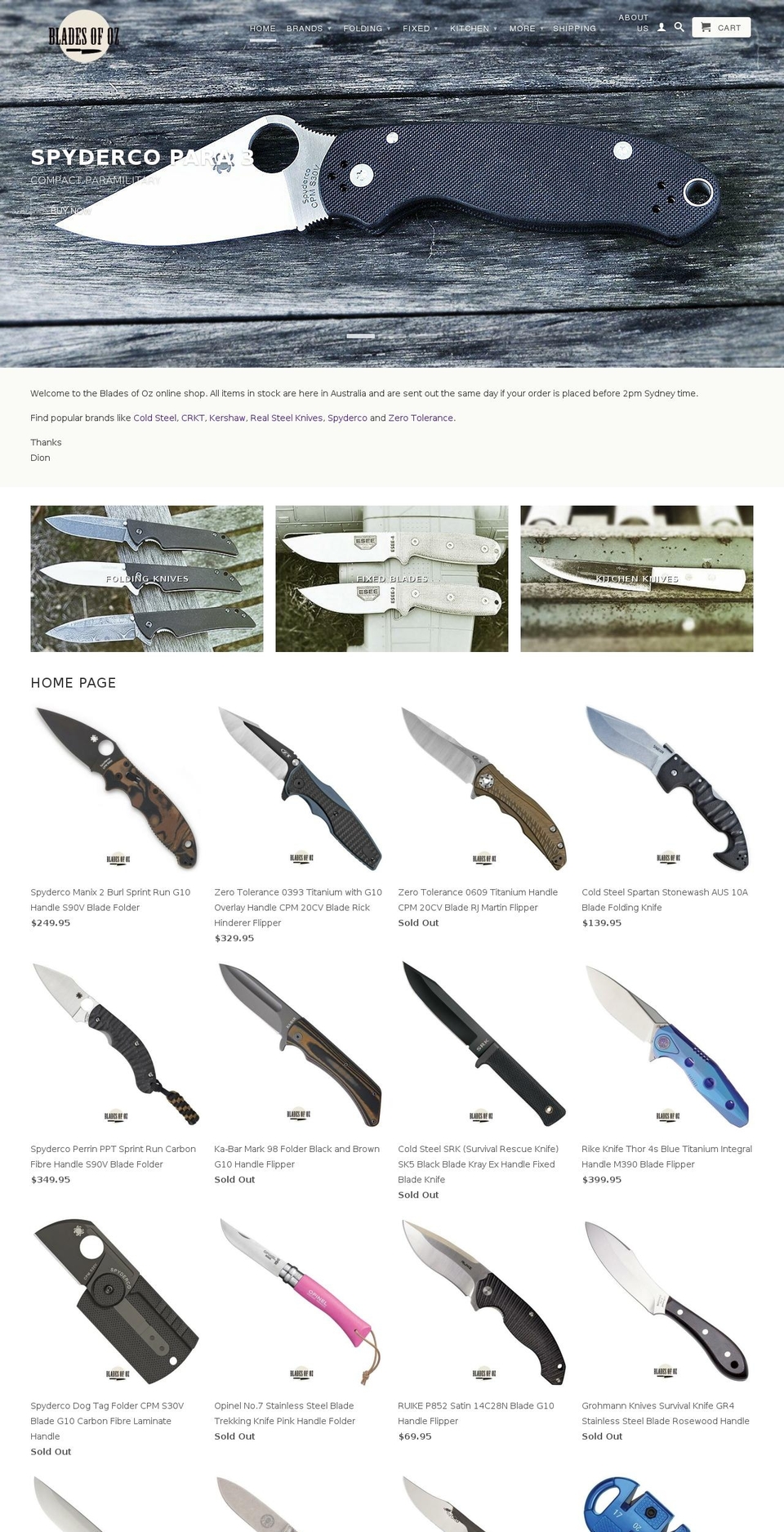 bladesofoz.com — Shopify storefront screenshot
