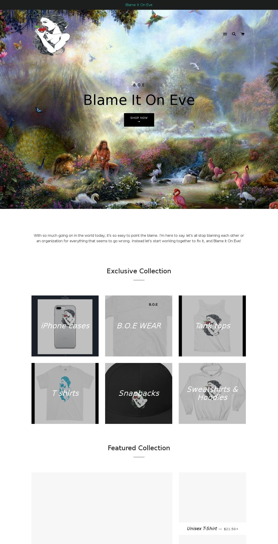 blameitonevellc.com — Shopify storefront screenshot