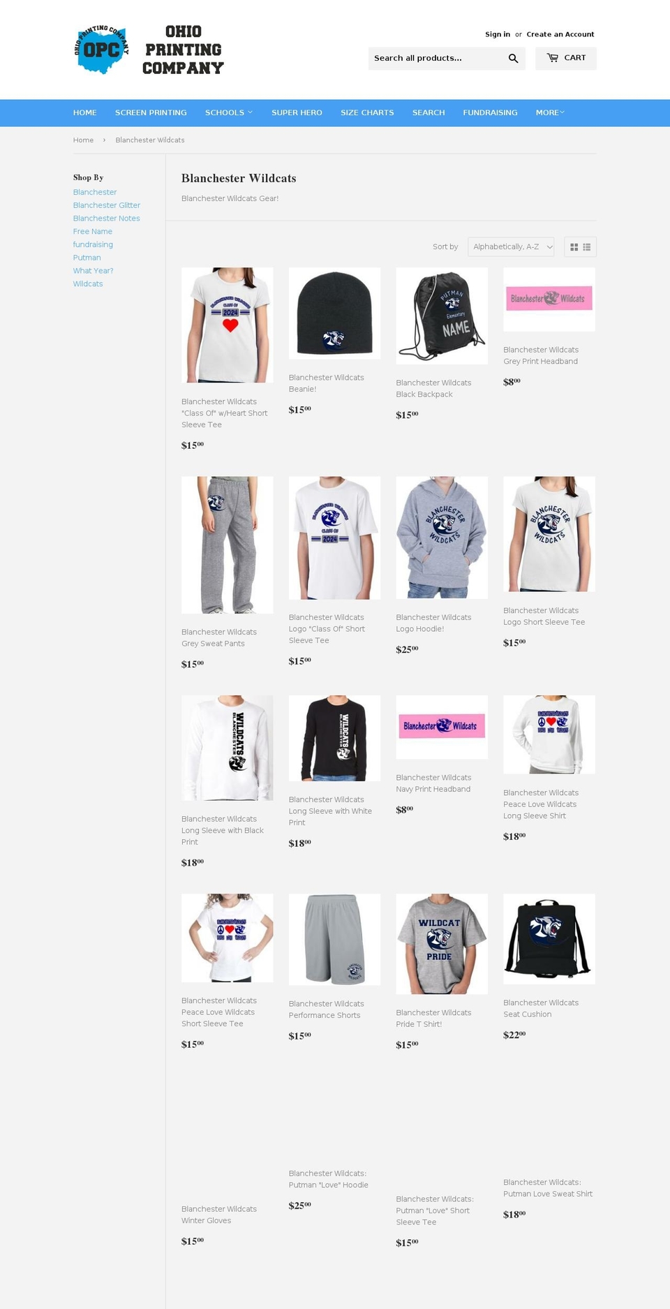 blanchesterwildcats.com — Shopify storefront screenshot