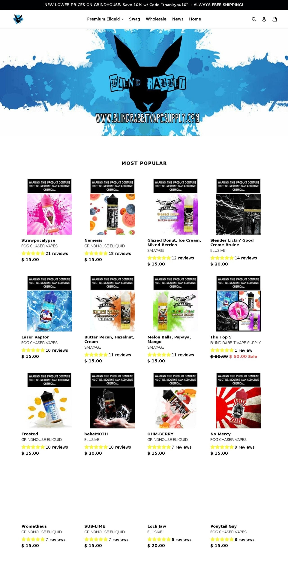 blindrabbitvapesupply.com shopify website screenshot