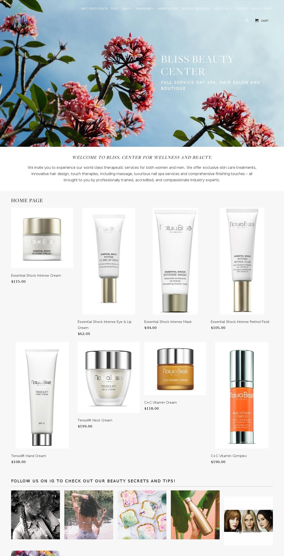 blissbeautycenter.com shopify website screenshot