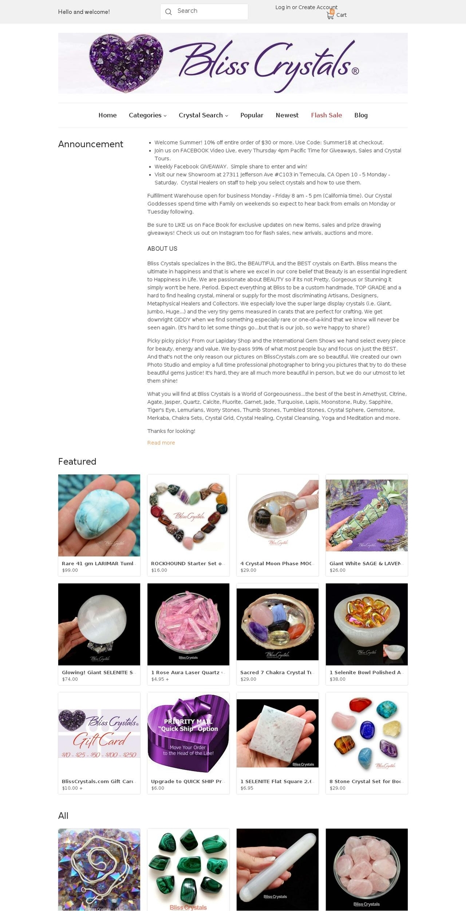 blisscrystals.com shopify website screenshot