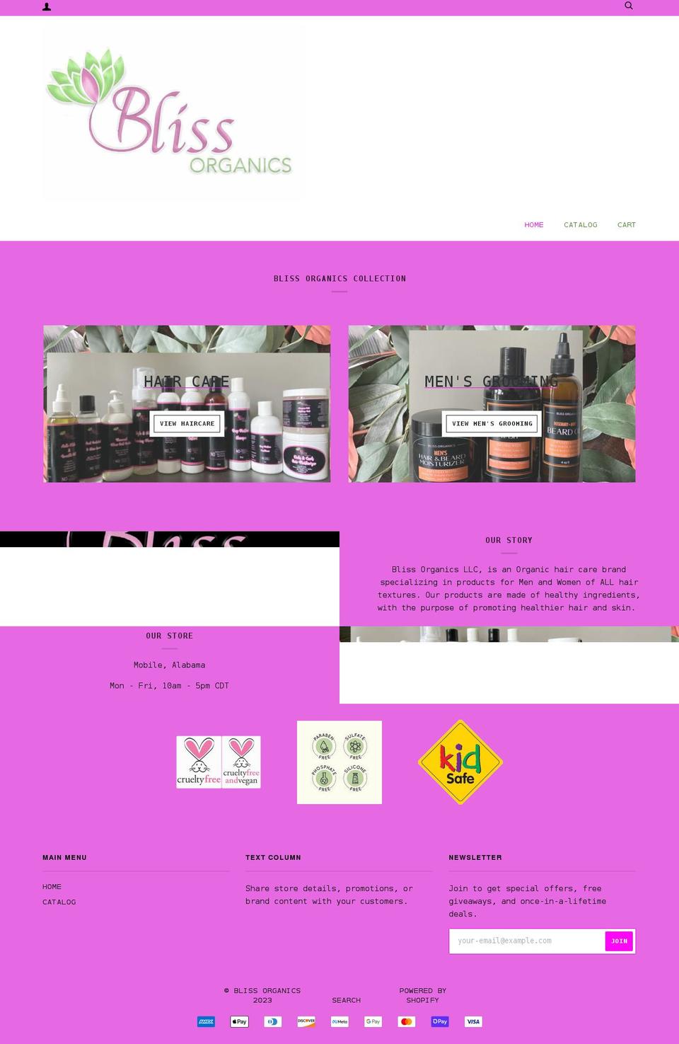 blissorganics.net shopify website screenshot