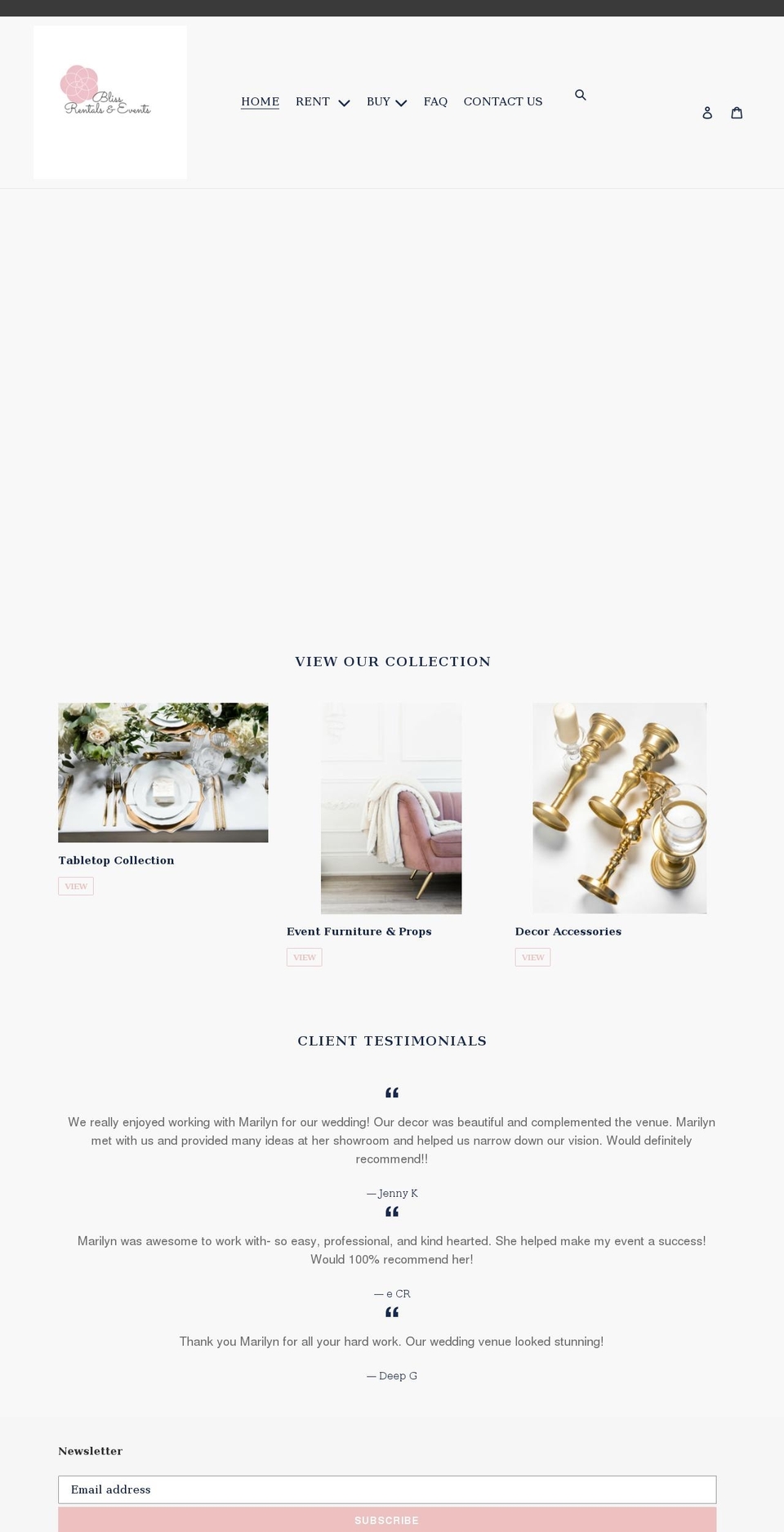 blissrentalsandevents.com shopify website screenshot