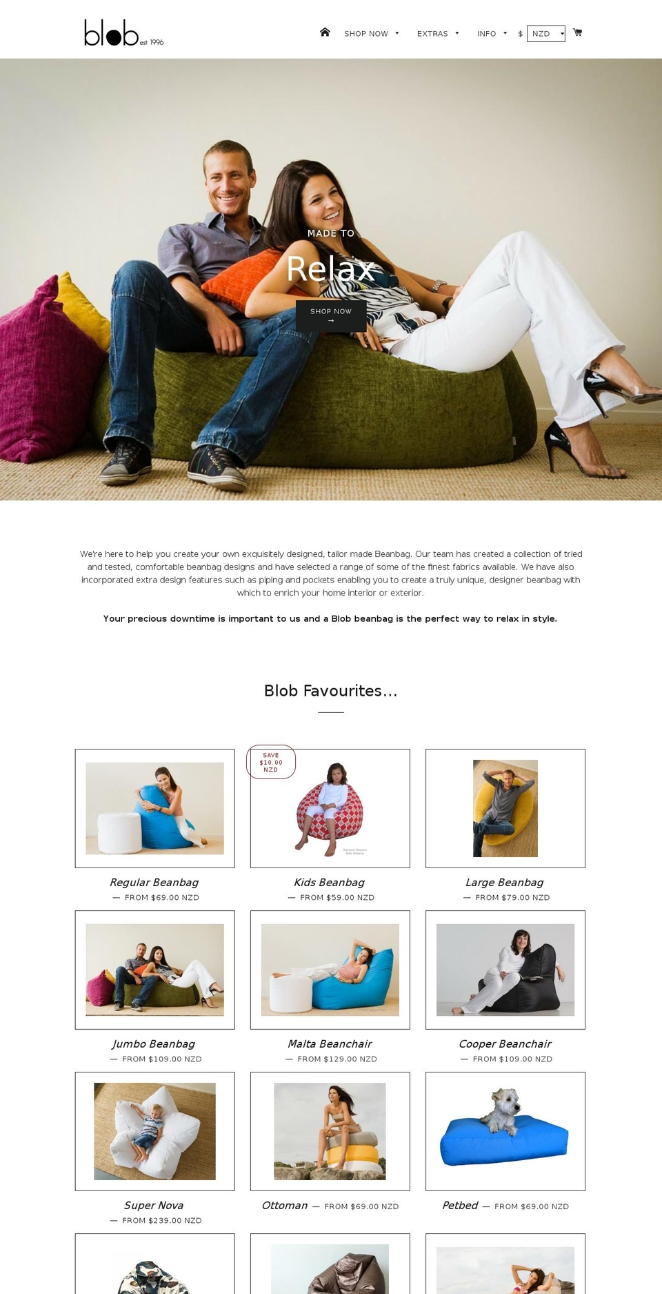 blobbeanbags.co.nz shopify website screenshot