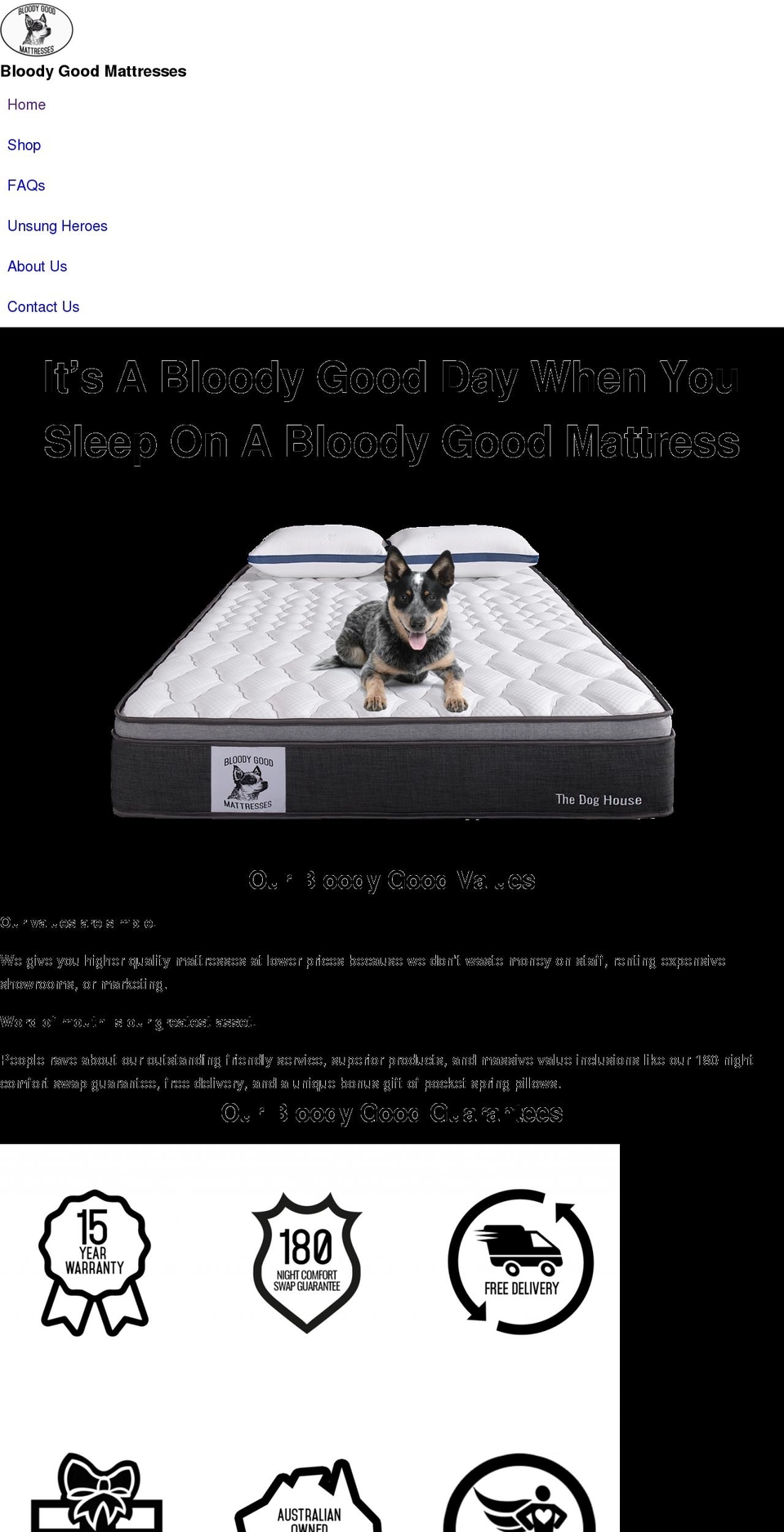 bloodygoodmattresses.com.au shopify website screenshot