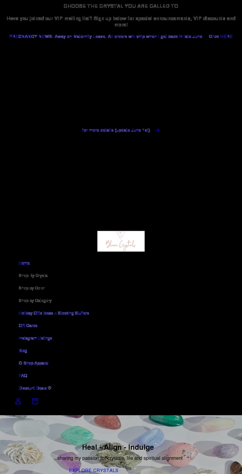 bloomcrystals.com shopify website screenshot