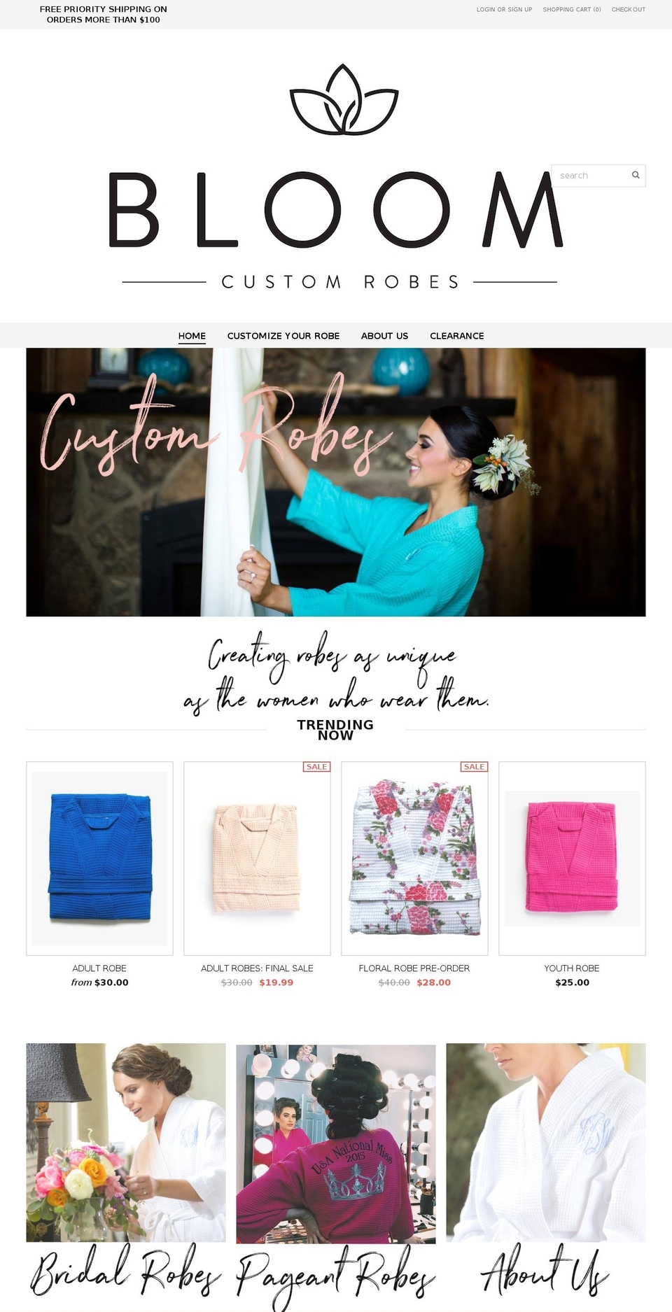 bloomcustomrobes.com — Shopify storefront screenshot
