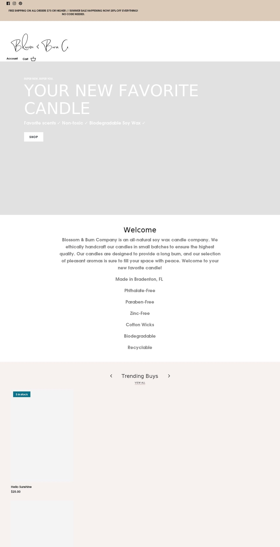 blossomandburnco.com shopify website screenshot