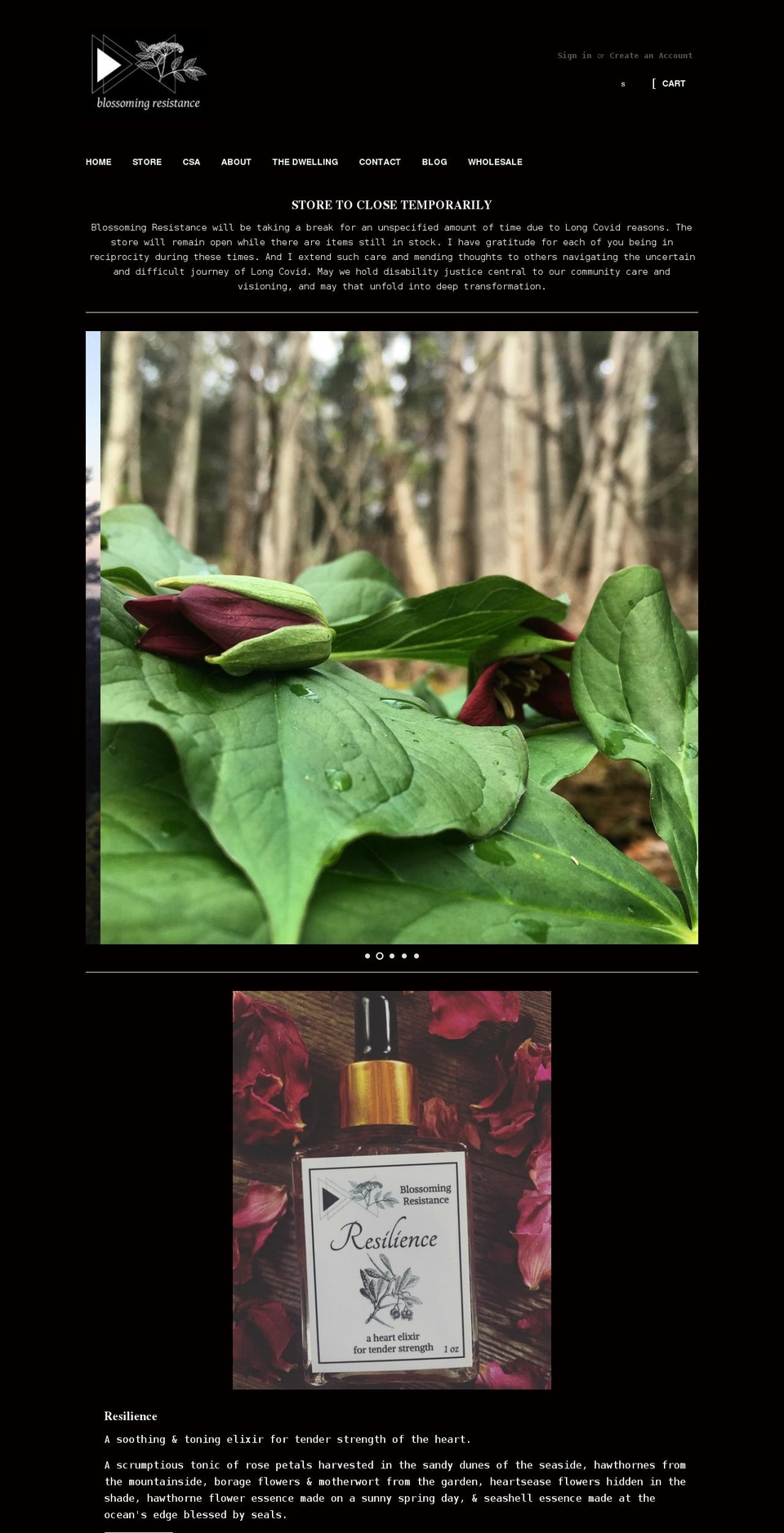 blossoming-resistance.com — Shopify storefront screenshot