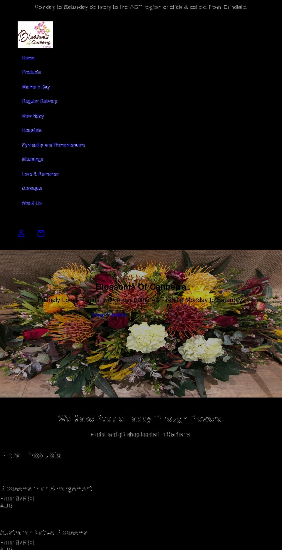 blossomsofcanberra.com.au shopify website screenshot