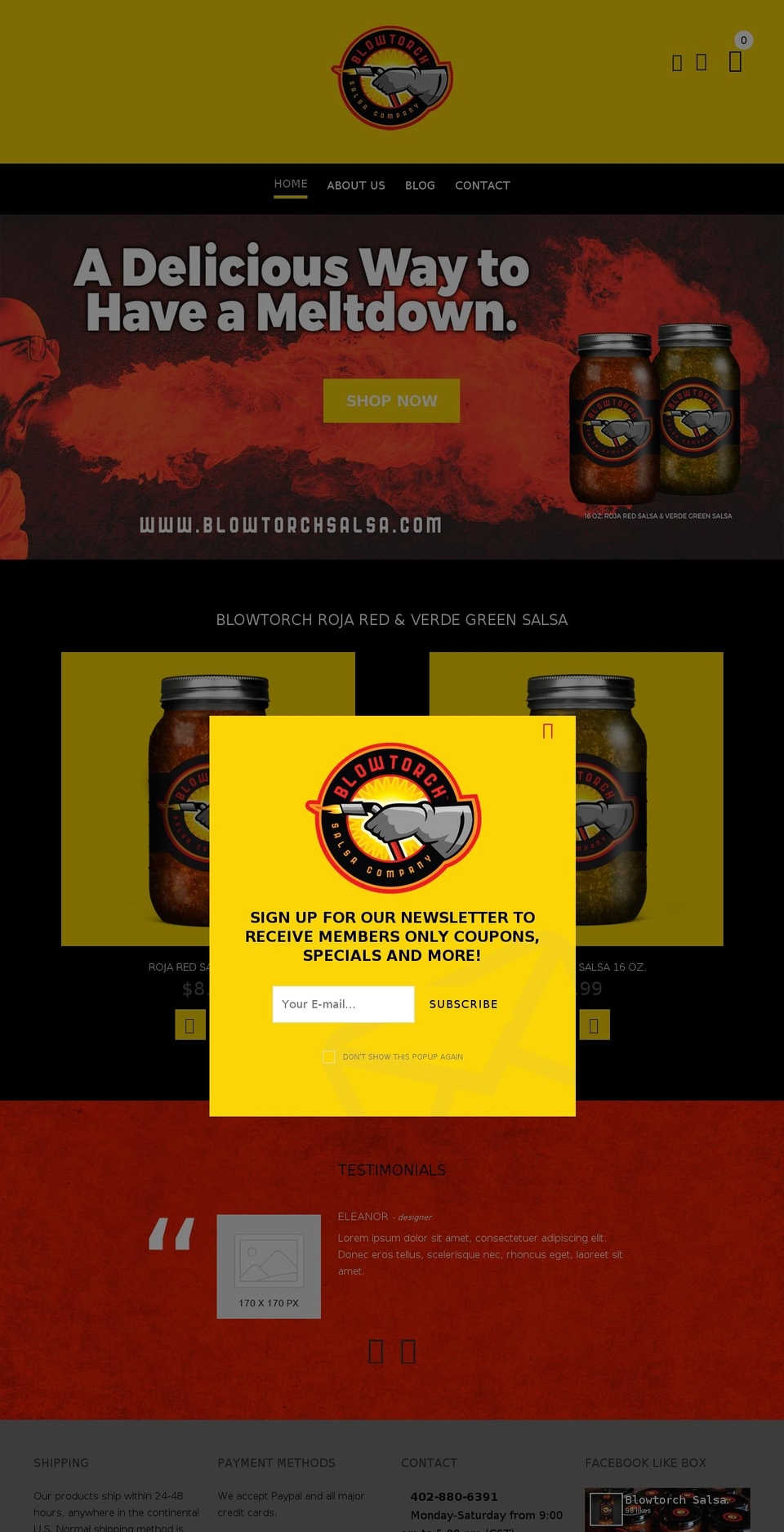 blowtorchsalsa.com shopify website screenshot