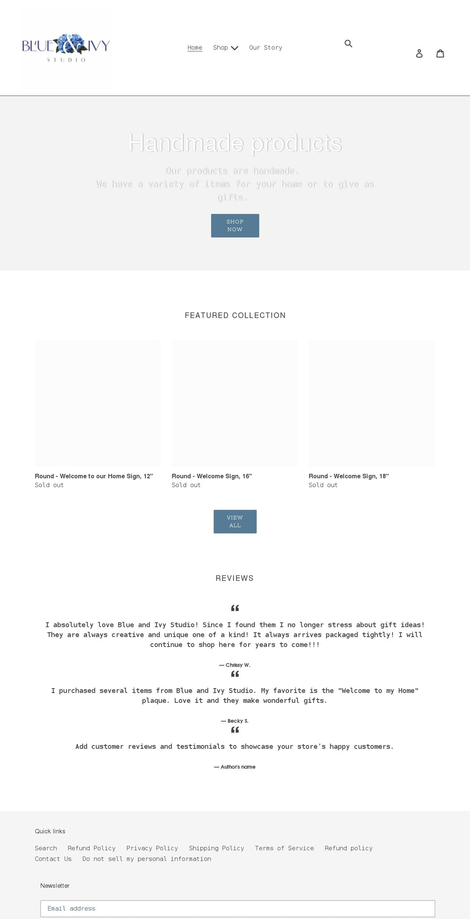 blueandivystudio.com shopify website screenshot