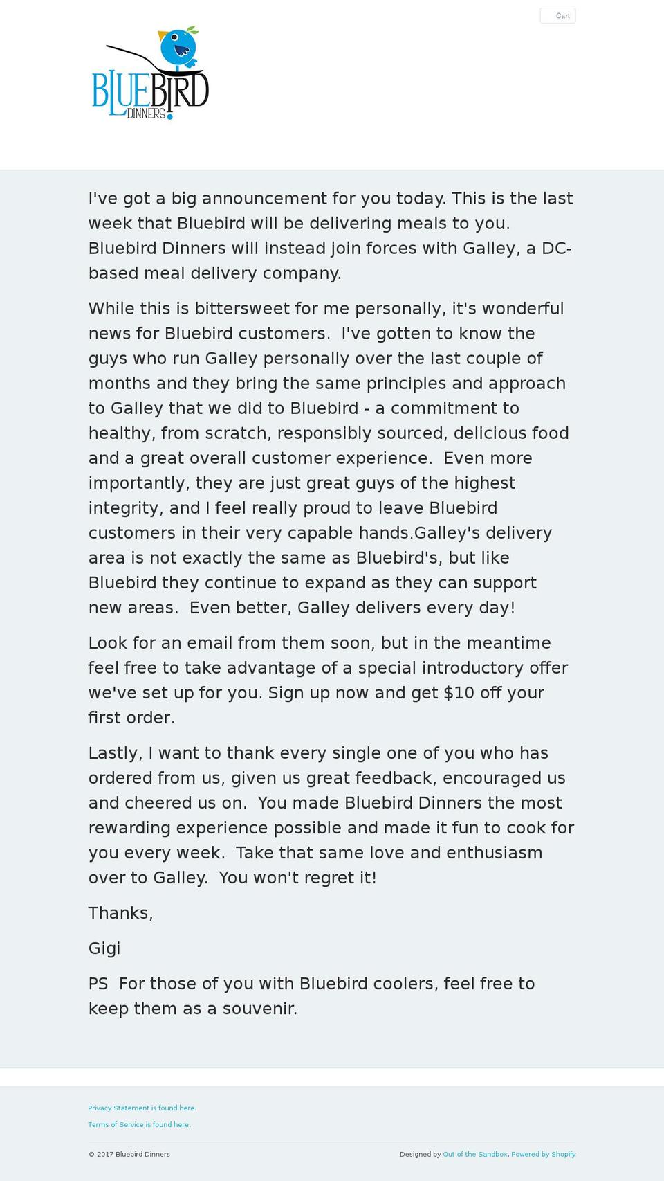 bluebird-dinners.com shopify website screenshot