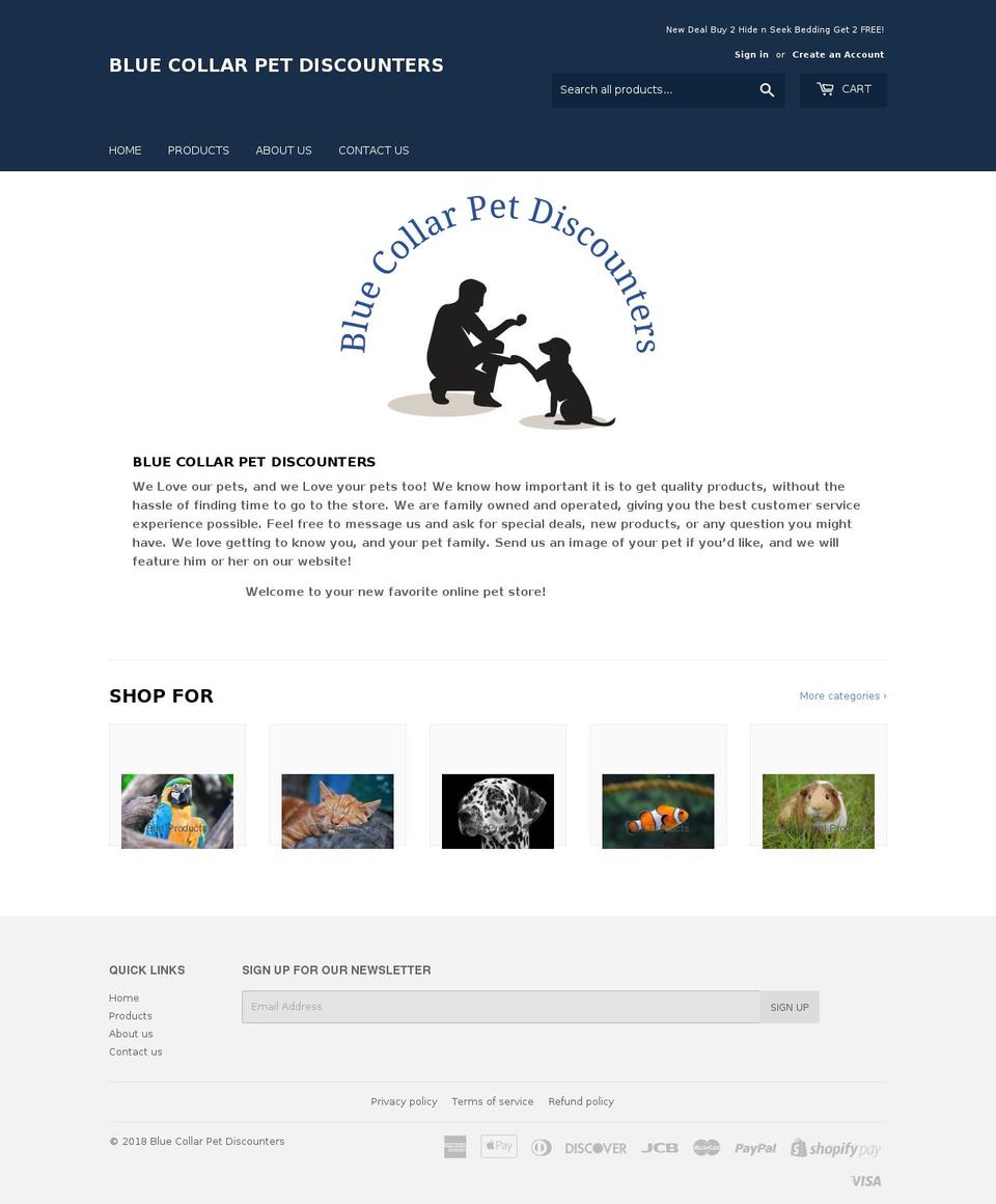 bluecollarpetdiscounters.com shopify website screenshot