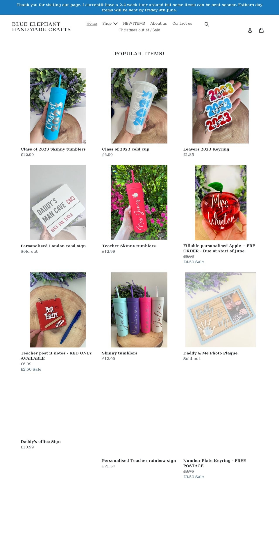 blueelephanthandmadecrafts.com shopify website screenshot