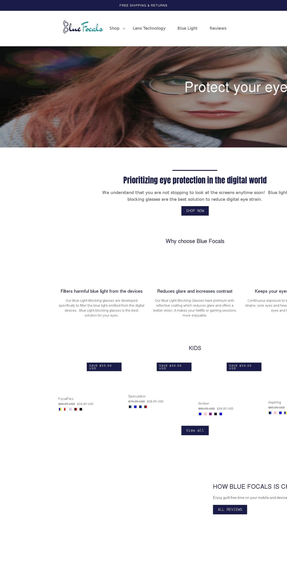 bluefocals.com shopify website screenshot