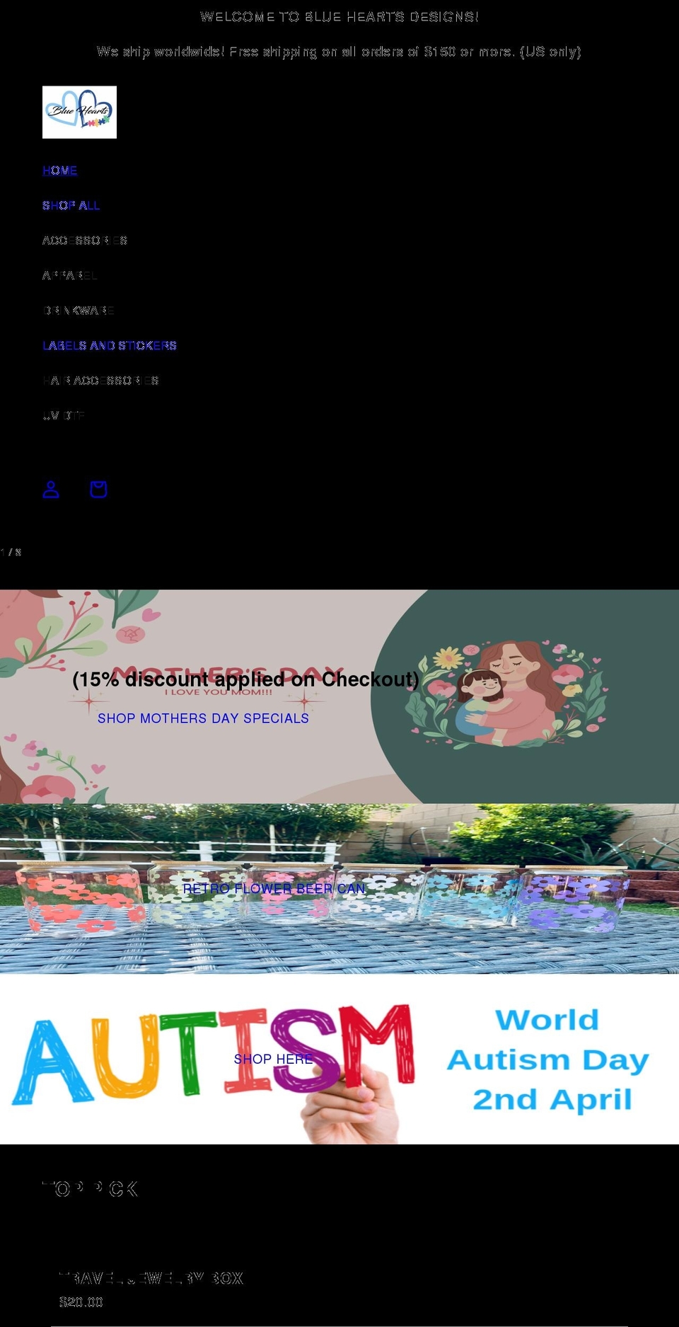 blueheartsdesigns.com shopify website screenshot