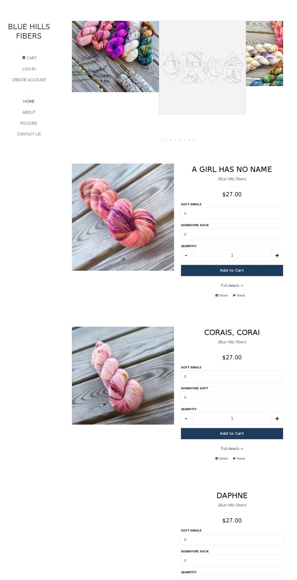 bluehillsfibers.com — Shopify storefront screenshot