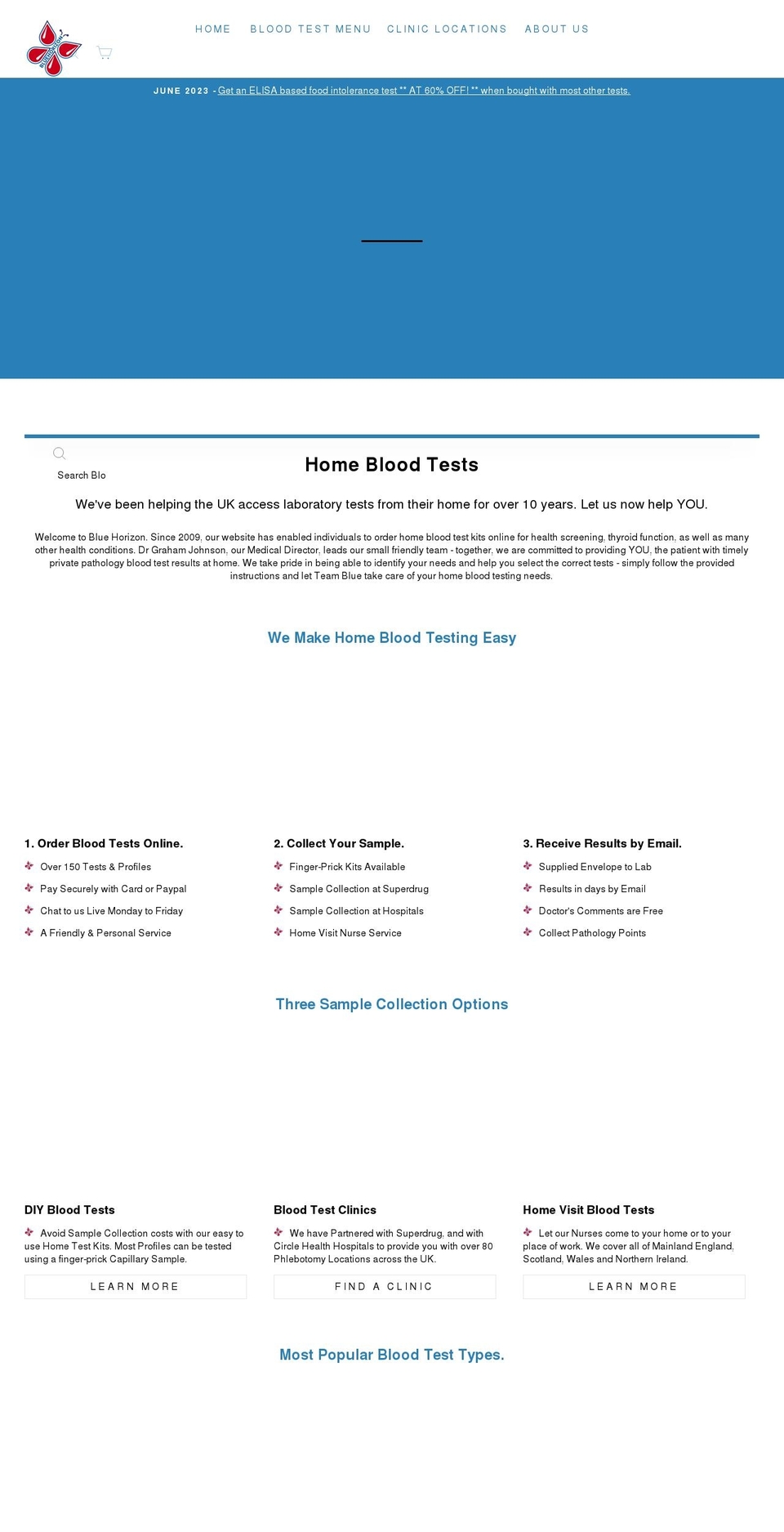 bluehorizonbloodtests.co.uk shopify website screenshot